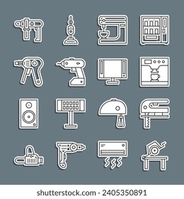 Set line Table saw for woodwork, Electric jigsaw, Coffee machine and cup, mixer, cordless screwdriver, hot glue gun, drill and Smart Tv icon. Vector