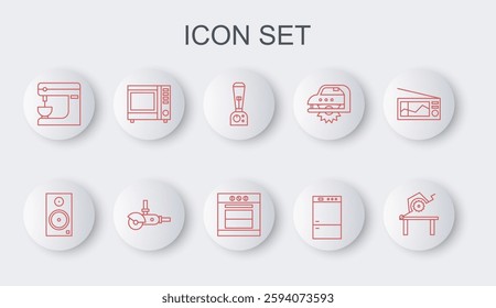 Set line Table saw for woodwork, Stereo speaker, Blender, Refrigerator, Electric mixer, Microwave oven, Angle grinder and Oven icon. Vector