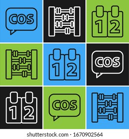 Set line Tablet with calculator, Mathematics function cosine and Graph, schedule, chart, diagram icon. Vector
