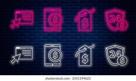 Set línea Tablet con dólar, etiqueta de Precio con dólar, compras en línea en pantalla y escudo con dólar. Icono de neón brillante en la pared de ladrillo. Vector