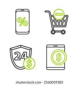 Set line Tablet with dollar, Shield, Remove shopping cart and Percent discount and mobile icon. Vector