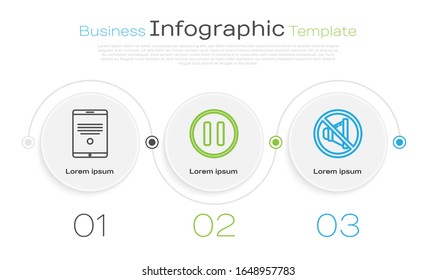 Set line Tablet, Pause button and Speaker mute. Business infographic template. Vector