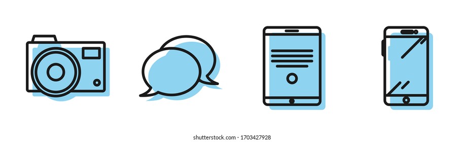 Set line Tablet, Photo camera, Speech bubble chat and Smartphone, mobile phone icon. Vector