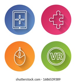 Set line Tablet, Piece of puzzle, Computer mouse gaming and Virtual reality glasses. Color circle button. Vector