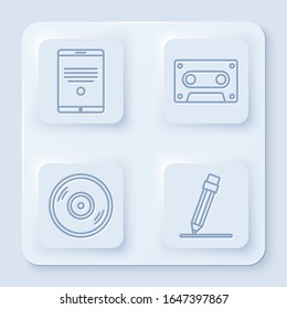 Set line Tablet, Retro audio cassette tape, Vinyl disk and Pencil with eraser. White square button. Vector