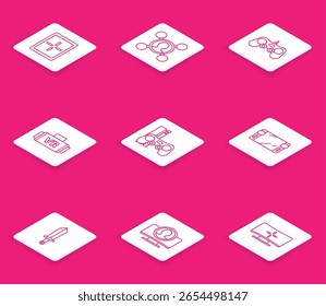 Set line Tablet, Compartir Video, Gamepad, gafas de realidad virtual, consola con joystick, juego portátil, espada para e ícono de pantalla de Cuenta Create. Vector