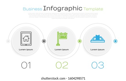 Set line Tablet and smart home, Hanging sign with text Sale and Swimming pool with ladder. Business infographic template. Vector
