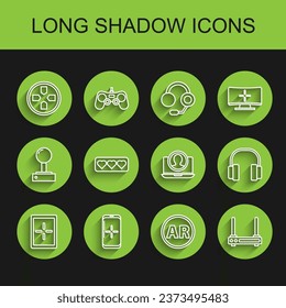 Fijar la línea Tablet, Smartphone y jugar en el juego, Gamepad, Ar, realidad aumentada, señal wi-fi del router, Como corazón, audífonos y Crear icono de pantalla de cuenta. Vector