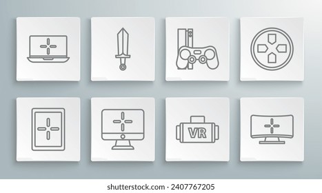 Fijar la línea Tablet, Espada para el juego, Monitor de ordenador, Gafas de realidad virtual, consola de juegos con joystick, Gamepad e icono de portátil. Vector