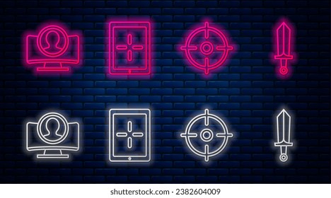 Set line Tablet, Target sport, Create account screen and Sword for game. Glowing neon icon on brick wall. Vector