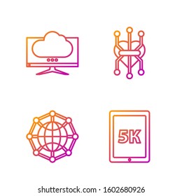 Set line Tablet with text 5k, Global technology or social network, Computer monitor screen and Processor. Gradient color icons. Vector