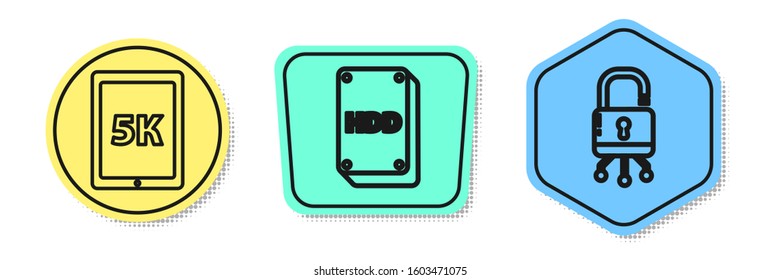 Set line Tablet with text 5k, Hard disk drive HDD and Lock on digital circuit board. Colored shapes. Vector