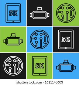 Set line Tablet with text 5k, Processor and Virtual reality glasses icon. Vector