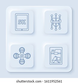 Set line Tablet with text 5k, Processor, Drone and 3D printer. White square button. Vector