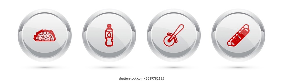 Set line Taco with tortilla, Bottle of water, Pizza knife and Hotdog sandwich. Silver circle button. Vector