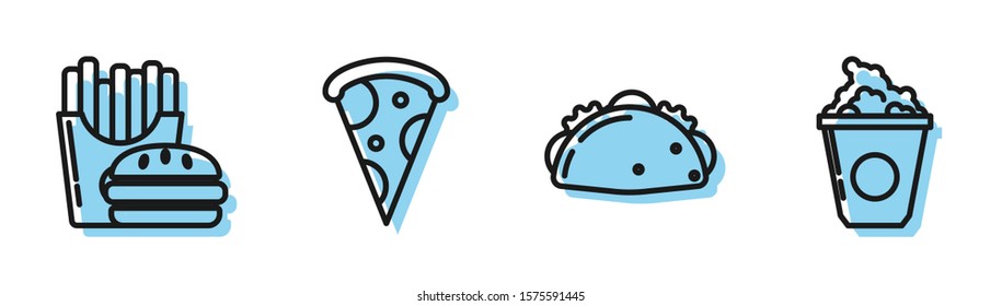 Set line Taco with tortilla, Burger and french fries in carton package box, Slice of pizza and Popcorn in cardboard box icon. Vector