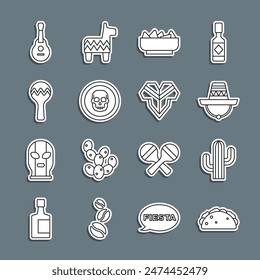 Set line Taco with tortilla, Cactus, Mexican sombrero, Nachos in bowl, skull coin, Maracas, guitar and Poncho icon. Vector