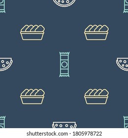 Set line Taco with tortilla, Chicken nuggets in box and Chocolate bar on seamless pattern. Vector