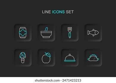 Set line Taco with tortilla, Covered tray of food, Plum fruit, Fly agaric mushroom, Fish, Fork, Mortar and pestle and Soda can icon. Vector