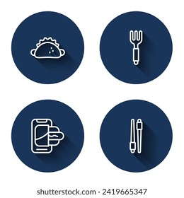 Set line Taco with tortilla, Fork, Food ordering on mobile and chopsticks with long shadow. Blue circle button. Vector
