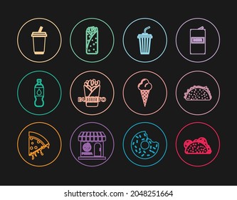 Set line Taco with tortilla, Glass water, Burrito, Bottle of, Ice cream in waffle cone and  icon. Vector