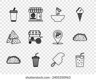 Set line Taco with tortilla, Glass water, Nachos in plate, Fast street food cart, Ice cream and  icon. Vector
