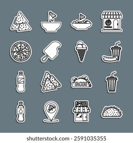 Set line Taco with tortilla, Glass water, Soda and hotdog, Nachos in plate, Ice cream, Pizza,  and waffle cone icon. Vector