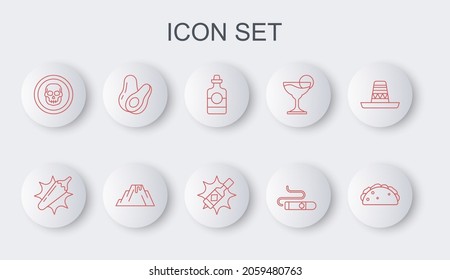 Set line Taco with tortilla, Hot chili pepper pod, Tequila bottle, Cigar, Mexican skull coin, Avocado fruit, Volcano eruption lava and Tabasco sauce icon. Vector