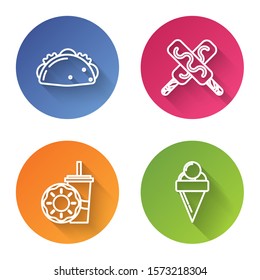 Set line Taco with tortilla, Ice cream, Paper glass with drinking straw and donut and Ice cream in waffle cone. Color circle button. Vector