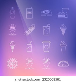 Set line Taco with tortilla, Ice cream, in waffle cone, Pizza cardboard box, Hotdog sandwich, Location burger, Bottle of water and Glass icon. Vector
