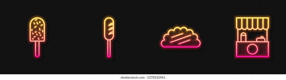 Set line Taco with tortilla, Ice cream, Fried sausage and Street stall awning. Glowing neon icon. Vector
