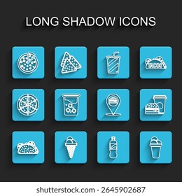 Set line Taco with tortilla, Ice cream in waffle cone, Pizza, Bottle of water, Glass, Coffee and burger and Location icon. Vector
