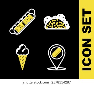 Set line Taco with tortilla, Location hotdog, Ice cream in waffle cone and Hotdog sandwich icon. Vector