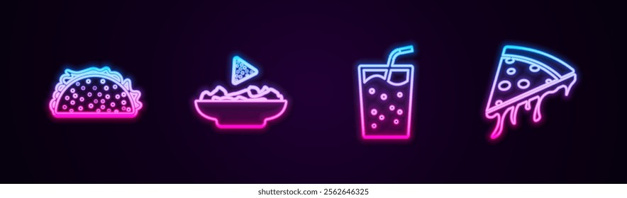 Set line Taco with tortilla, Nachos in plate, Glass water and Slice of pizza. Glowing neon icon. Vector