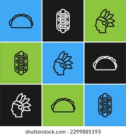 Set line Taco with tortilla, Native American Indian and Hotdog sandwich icon. Vector
