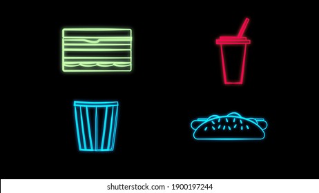 Set line Taco with tortilla, Paper glass with drinking straw and burger, Popcorn in bowl and Hotdog sandwich with mustard. Glowing neon icon on brick wall. Vector