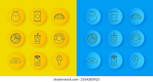 Set line Taco with tortilla, Pizza, Paper glass straw, Ice cream in waffle cone, Donut, Khinkali cutting board,  and Soda can icon. Vector