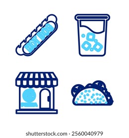 Set line Taco with tortilla, Pizzeria building facade, Glass water and Hotdog sandwich icon. Vector