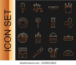 Set line Taco with tortilla, Stack of pancakes, Chicken nuggets, Hotdog sandwich, Lollipop, Donut, Ice cream and Chocolate bar icon. Vector