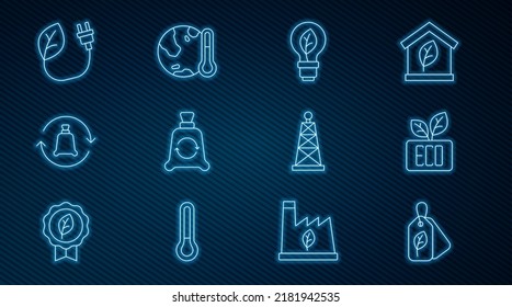 Set line Tag with leaf, Leaf Eco symbol, Light bulb, Garbage bag recycle, Electric saving plug in, Oil rig and Earth melting to global warming icon. Vector