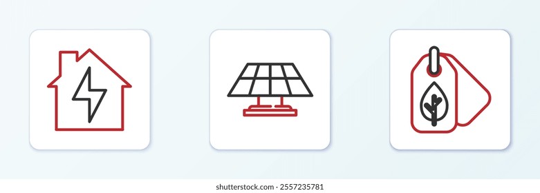 Set line Tag with leaf, House and lightning and Solar energy panel icon. Vector
