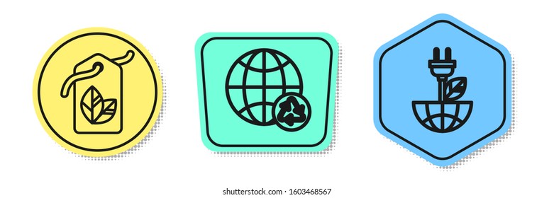 Set line Tag with leaf symbol, Planet earth and a recycling and Electric saving plug in leaf. Colored shapes. Vector