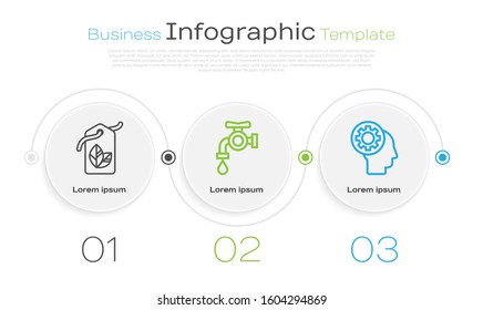 Set line Tag with leaf symbol, Water tap and Human head with gear inside. Business infographic template. Vector