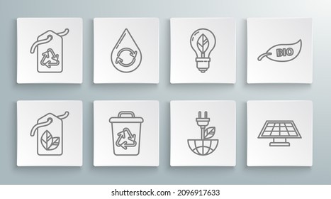Set line Tag with leaf symbol, Recycle clean aqua, bin recycle, Electric saving plug, Solar energy panel, Light bulb, Leaf Bio and  icon. Vector
