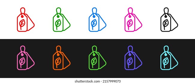 Set line Tag with leaf symbol icon isolated on black and white background. Banner, label, tag, logo, sticker for eco green.  Vector