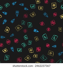 Set line Tag with recycle, Bio fuel canister, Eco and Acid rain and radioactive cloud on seamless pattern. Vector