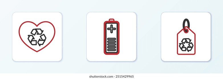 Set line Tag with recycle, Eco friendly heart and Battery charge level indicator icon. Vector