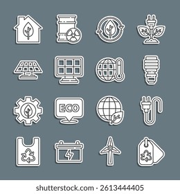 Set line Tag with recycle, Electric plug, LED light bulb, Recycle and leaf, Solar energy panel, Eco friendly house and Global warming icon. Vector