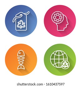 Set line Tag with recycle symbol, Human head with gear inside, Fish skeleton and Planet earth and a recycling. Color circle button. Vector