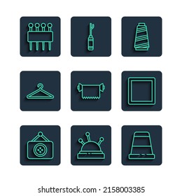 Set line Tailor shop, Needle bed and needles, Thimble for sewing, Sewing thread, Textile fabric roll, Hanger wardrobe,  and Pattern icon. Vector